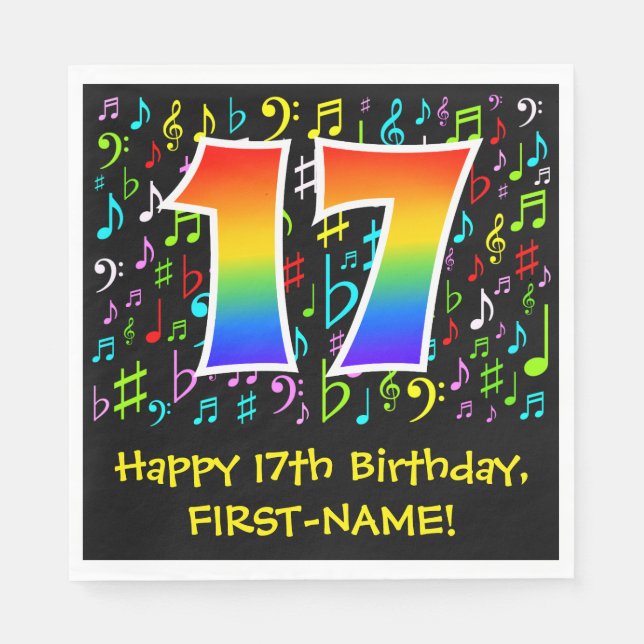 17th Birthday - Colorful Music Symbols, Rainbow 17 Napkin (Front)
