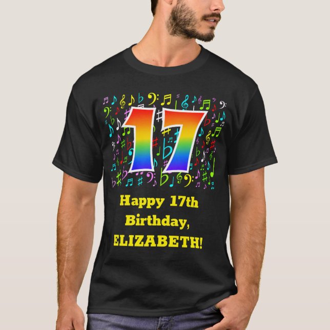 17th Birthday: Colourful Music Symbols, Rainbow 17 T-Shirt (Front)