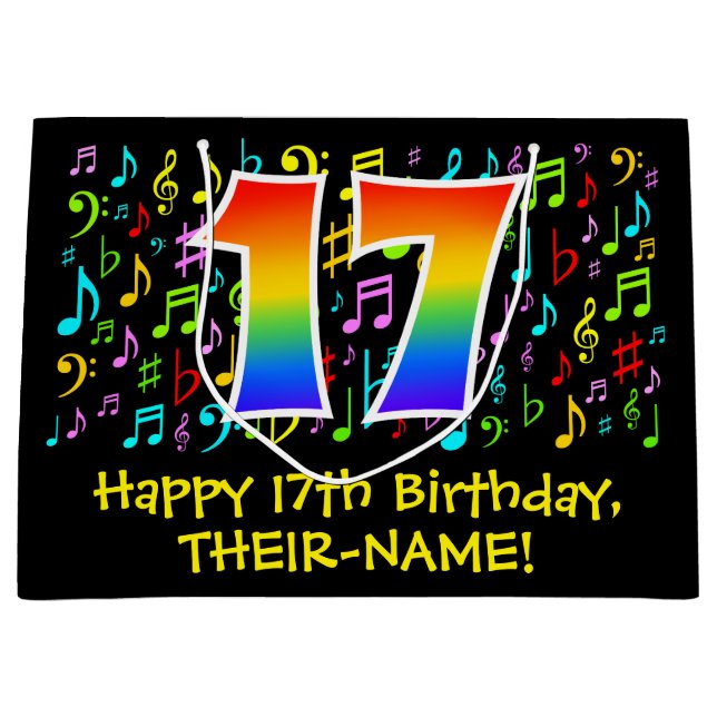 17th Birthday - Colourful Music Symbols, Rainbow 1 Large Gift Bag (Front)
