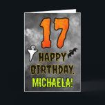 17th Birthday: Eerie Halloween Theme   Custom Name Card<br><div class="desc">The front of this spooky and scary Halloween themed birthday greeting card design features a large number “17”, along with the message “HAPPY BIRTHDAY, ”, and a customizable name. There are also depictions of a bat and a ghost on the front. The inside features a custom birthday greeting message, or...</div>