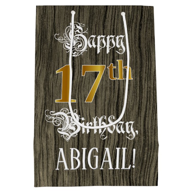 17th Birthday: Faux Gold Look & Faux Wood Pattern Medium Gift Bag (Back)