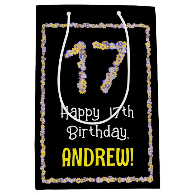 17th Birthday: Floral Flowers Number, Custom Name Medium Gift Bag (Front)
