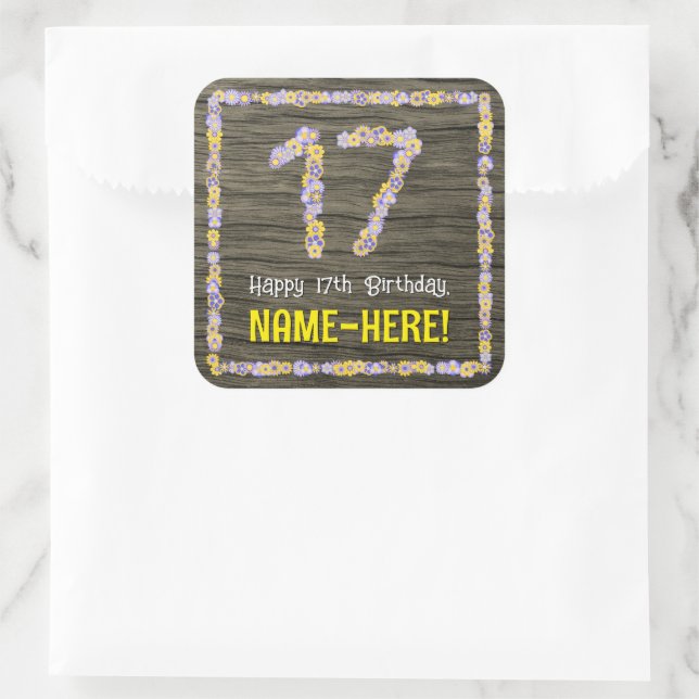 17th Birthday: Floral Number, Faux Wood Look, Name Square Sticker (Bag)