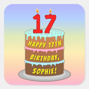 17th Birthday: Fun Cake and Candles + Custom Name Square Sticker