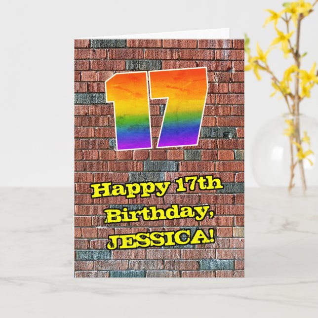 17th Birthday: Fun Graffiti-Inspired Rainbow 17 Card (Yellow Flower)