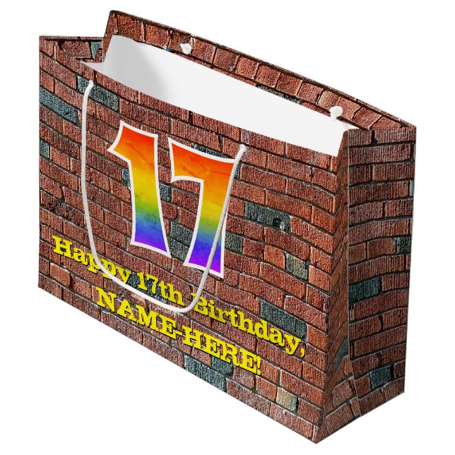 17th Birthday: Fun, Graffiti-Inspired Rainbow # 17 Large Gift Bag (Front Angled)