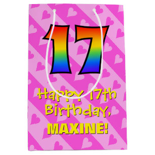 17th Birthday: Fun Pink Hearts Stripes; Rainbow 17 Medium Gift Bag