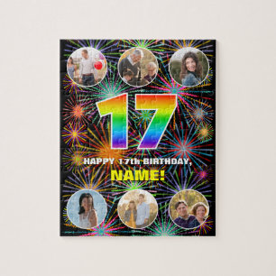 17th Birthday: Fun Rainbow #, Custom Name + Photos Jigsaw Puzzle