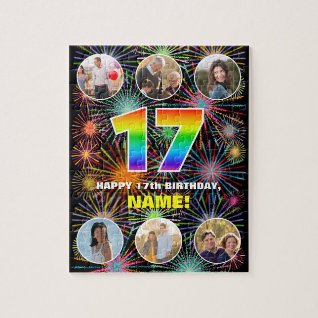 17th Birthday: Fun Rainbow #, Custom Name + Photos Jigsaw Puzzle (Vertical)