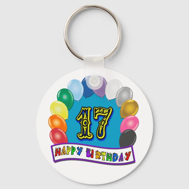 17th Birthday Gifts with Assorted Balloons Design Keychain (Front)