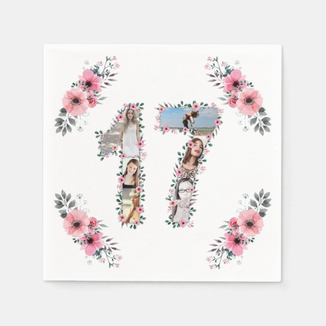 17th Birthday Girl Flower Photo Collage White Napkin (Front)