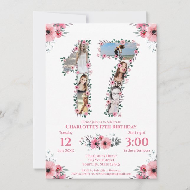 17th Birthday Girl Photo Collage Pink Flower White Invitation (Front)