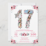 17th Birthday Girl Photo Collage Pink Flower White Invitation<br><div class="desc">Create a Seventeenth Birthday six photos collage in a big number seventeen shape. Decorated with beautiful and lovely watercolor blush pink flowers and green foliage. Great 17th Birthday gift for girls. Personalized number 17 photo collage for a unique and very special product.</div>