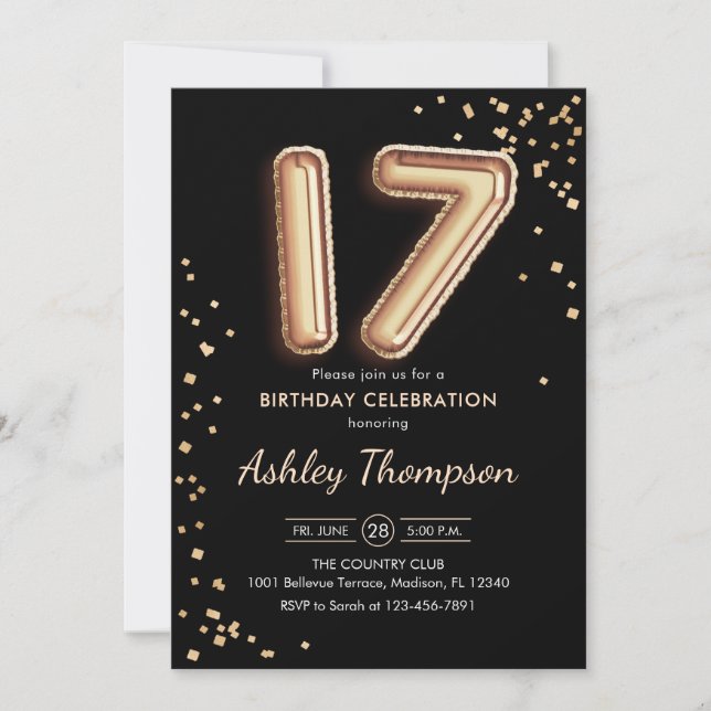 17th Birthday - Gold Balloons Black Invitation (Front)