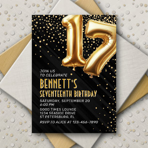 17th Birthday Gold Black Invitation
