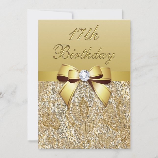 17th Birthday Gold Faux Sequins and Bow Invitation (Front)