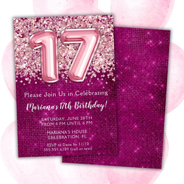 17th Birthday Invitation Girl Magenta Pink Glitter (Creator Uploaded)
