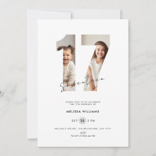 17th Birthday Invitation Girls with Photo - White