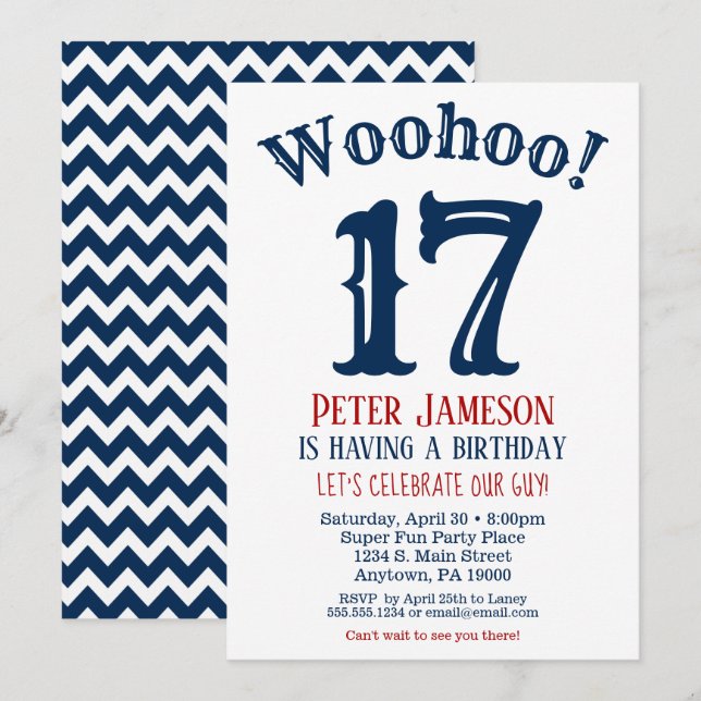 17th Birthday Invitation Teen Boy Navy Blue (Front/Back)
