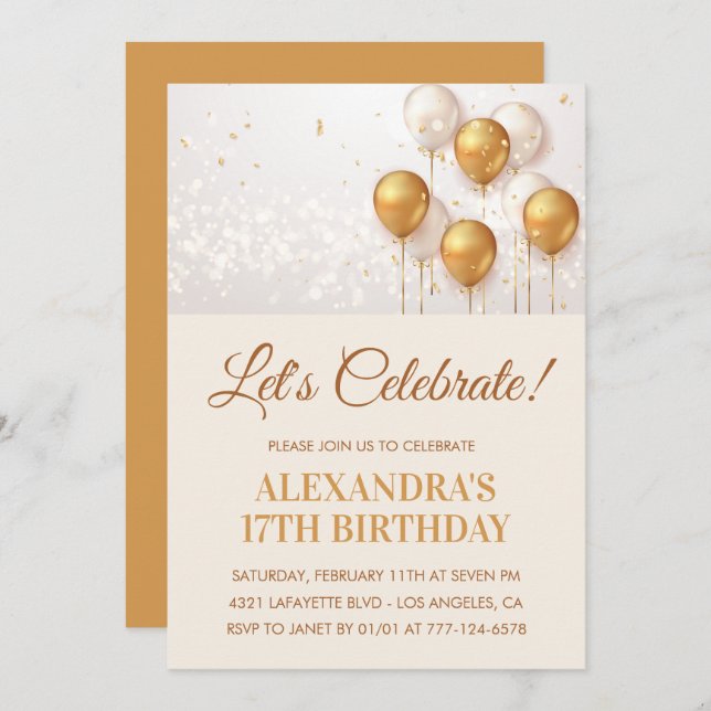 17th birthday invitations Balloons Gold (Front/Back)