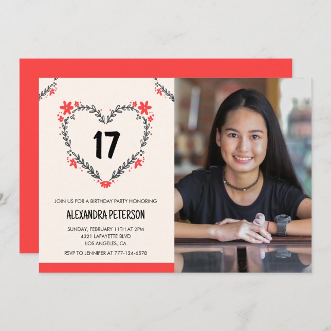 17th birthday invitations for her Floral Heart (Front/Back)