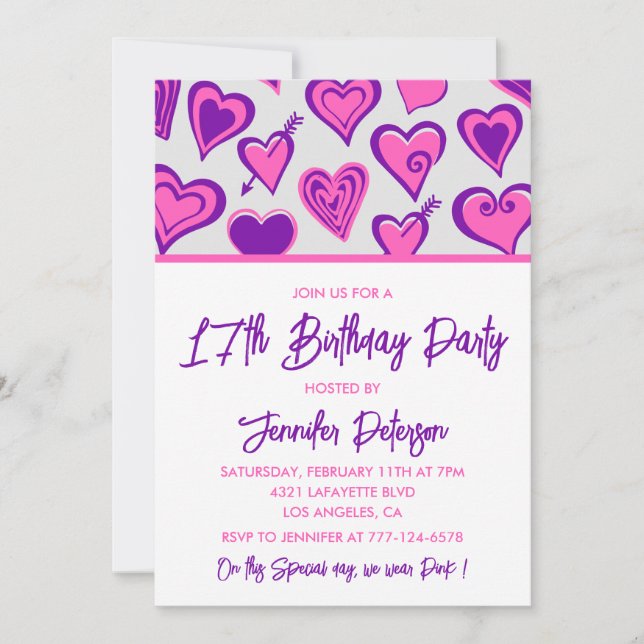 17th birthday invitations Glam Pink Heart (Front)