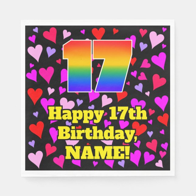 17th Birthday: Loving Hearts Pattern, Rainbow # 17 Napkin (Front)