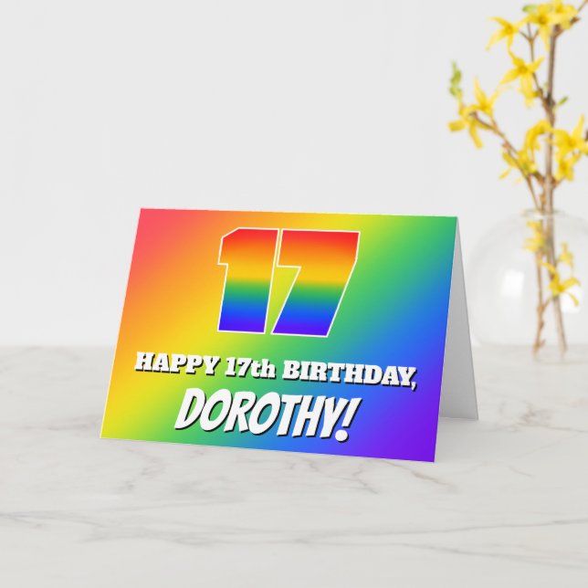 17th Birthday: Multicolored Rainbow Pattern # 17 Card (Yellow Flower)