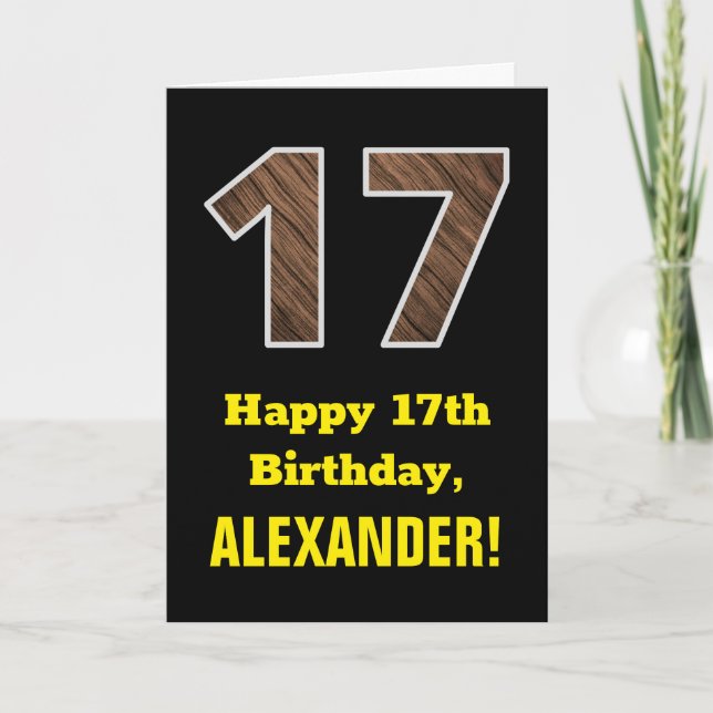 17th Birthday: Name, Faux Wood Grain Pattern "17" Card (Front)