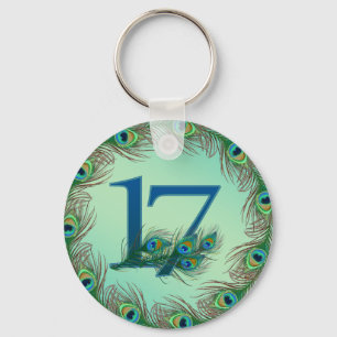 17th birthday or anniversary peacock numbers keychain