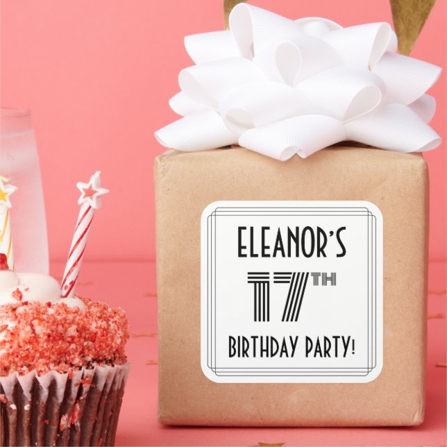 17th Birthday Party: Art Deco Style + Custom Name Square Sticker (Party)
