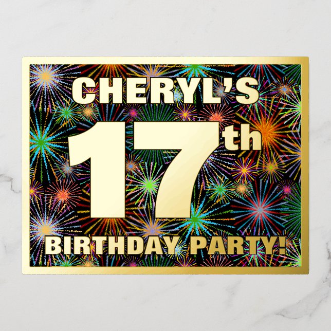 17th Birthday Party: Bold, Colourful Fireworks Loo Foil Invitation Postcard (Front)