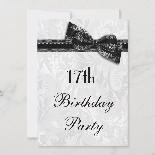17th Birthday Party Damask and Faux Bow Invitation (Front)