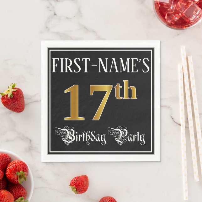17th Birthday Party — Fancy Script, Faux Gold Look Napkin (Insitu)