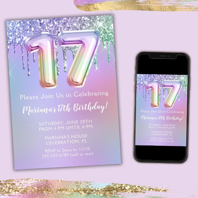 17th Birthday Party Invitation Purple Pink Glitter (Creator Uploaded)