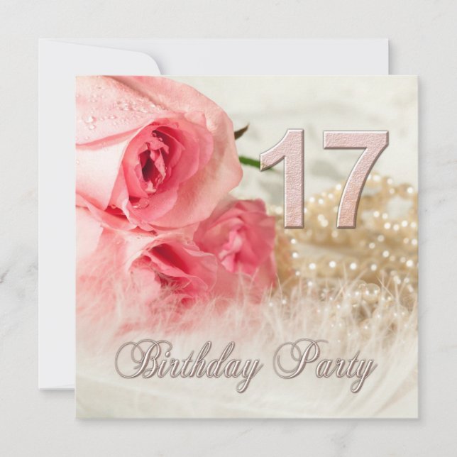 17th Birthday party invitation, roses and pearls Invitation (Front)
