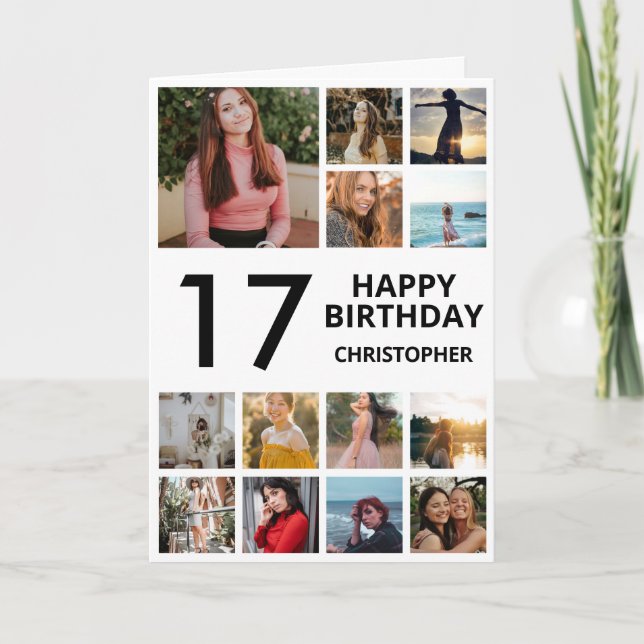 17th Birthday Photo Collage 13 Photos Black White Card (Front)