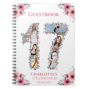 17th Birthday Photo Collage Pink Flower Guest Book