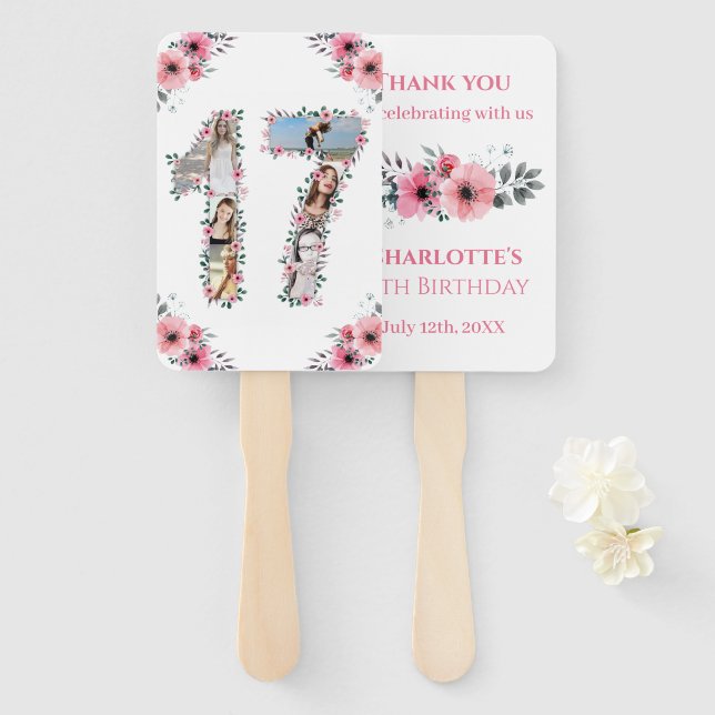 17th Birthday Photo Collage Pink Girl Flower White Hand Fan (Front and Back)