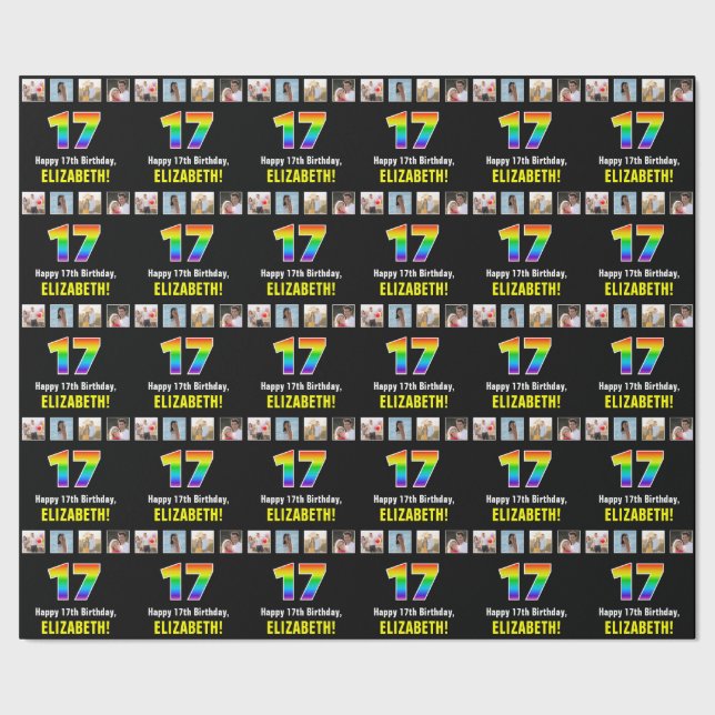 17th Birthday: Rainbow “17“; Custom Photos & Name Wrapping Paper (Seam)
