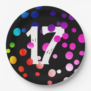 17th Birthday Rainbow Dots on Black Paper Plates