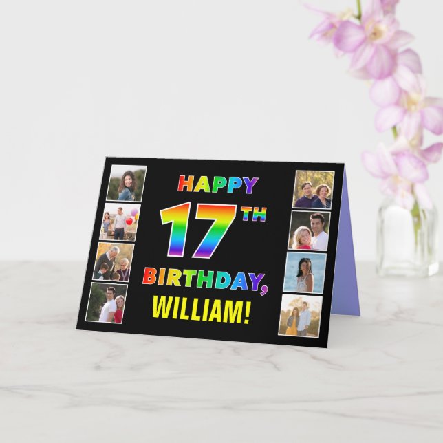 17th Birthday: Rainbow Text, Custom Photos & Name Card (Orchid)