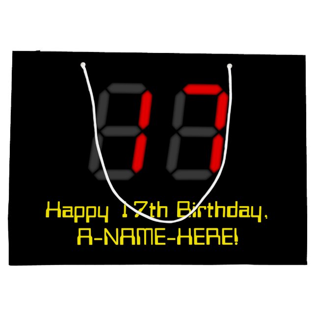 17th Birthday: Red Digital Clock Style "17" + Name Large Gift Bag (Back)
