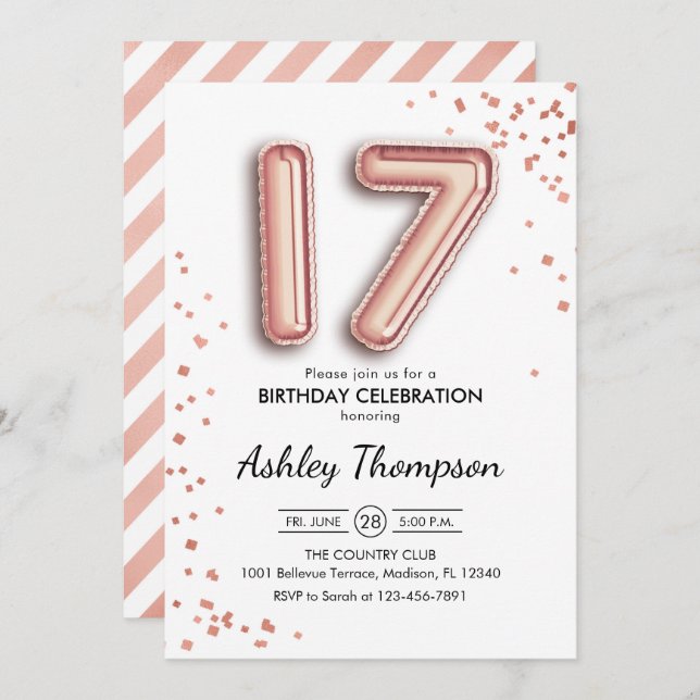 17th Birthday - Rose Gold Balloons Invitation (Front/Back)
