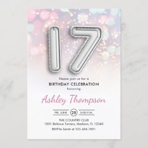 17th Birthday - Silver Balloons Pink Lights Invitation