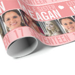 17th birthday three photos coral little sister wrapping paper<br><div class="desc">Graphic coral,  and white with a little white heart seventeen sister birthday wrapping paper. Bright graphic birthday wrap with three placeholders for your own photos and to customize with your own name,  age,  and inside message. A matching birthday card is also available. Unique design by Sarah Trett for www.mylittleeden.com</div>