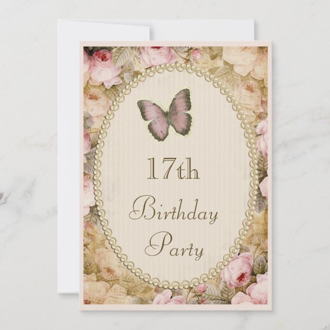 17th Birthday Vintage Roses Butterfly, Music Notes Invitation (Front)