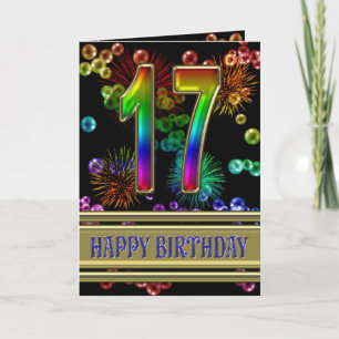 17th Birthday with rainbow bubbles and fireworks Card