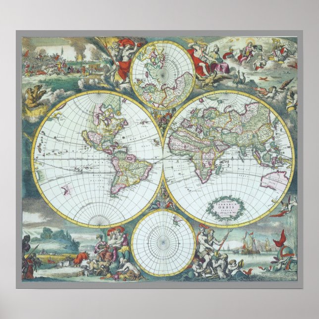 17th Century Antique World Map, Frederick De Wit Poster (Front)