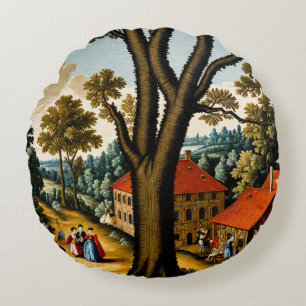 17th Century Needlepoint Style Pastoral Scene Round Pillow